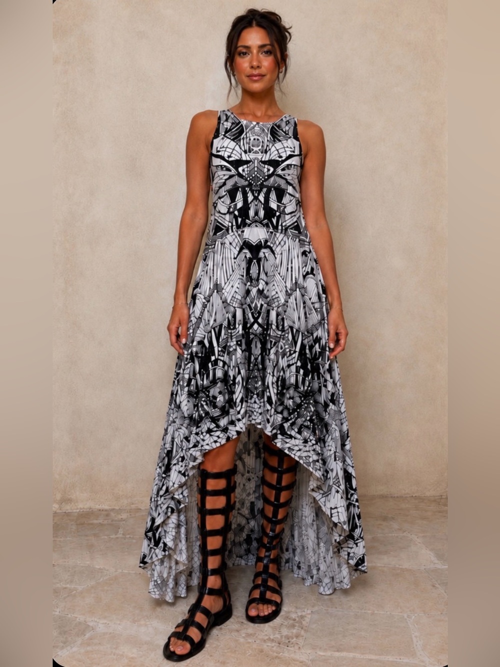 Free People Black & Ivory High-Low Graphic Maxi Dress with Pockets